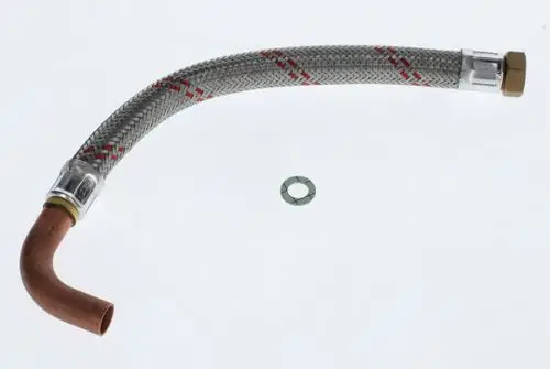 Flexschlauch aus Metall und Kunststoff mit einem gewinkelten Ende, geeignet für verschiedene Anwendungen. Bosch ist im Design erkennbar.